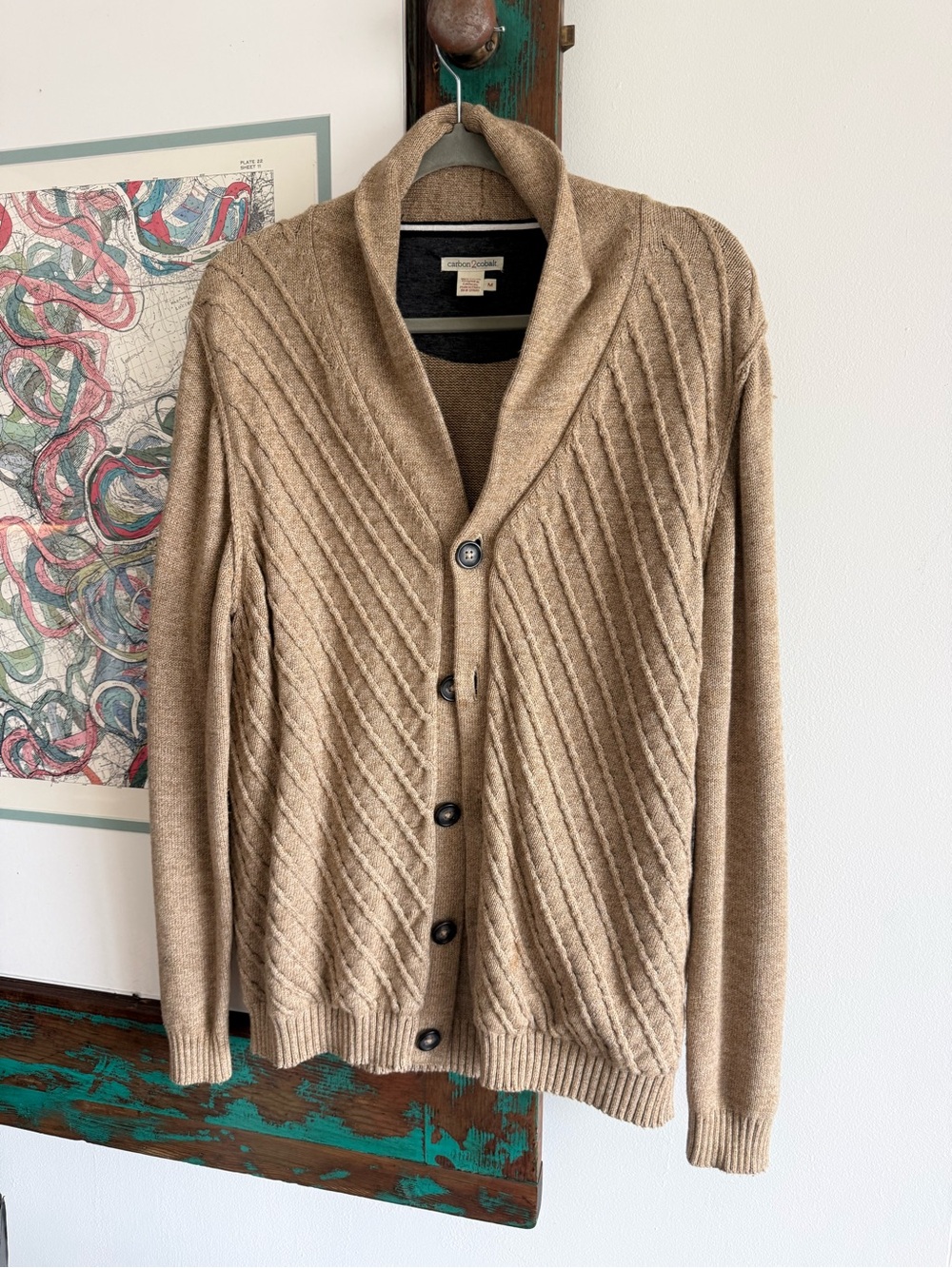 Carbon2cobalt Men’s Shawl-Collar Button Cardigan Sweater - Tan | M